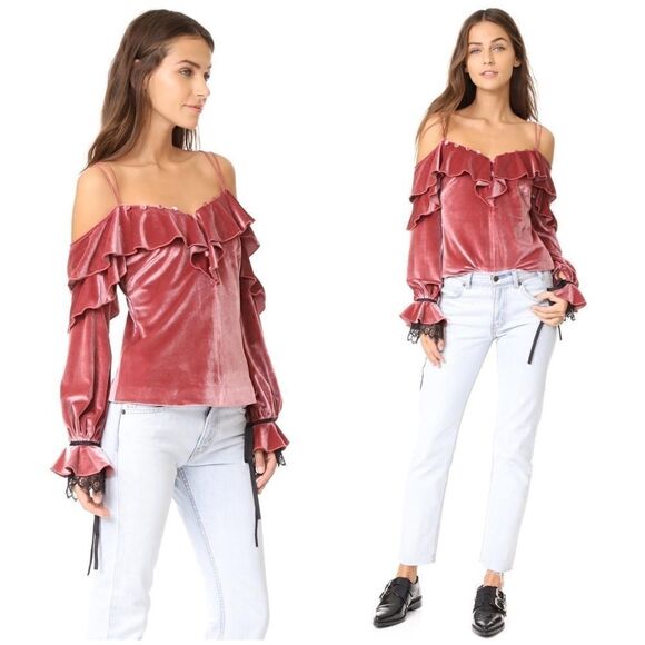 Self Portrait Pink Black Velvet Lace Frill Off Shoulder Top 6 - Picture 2 of 8